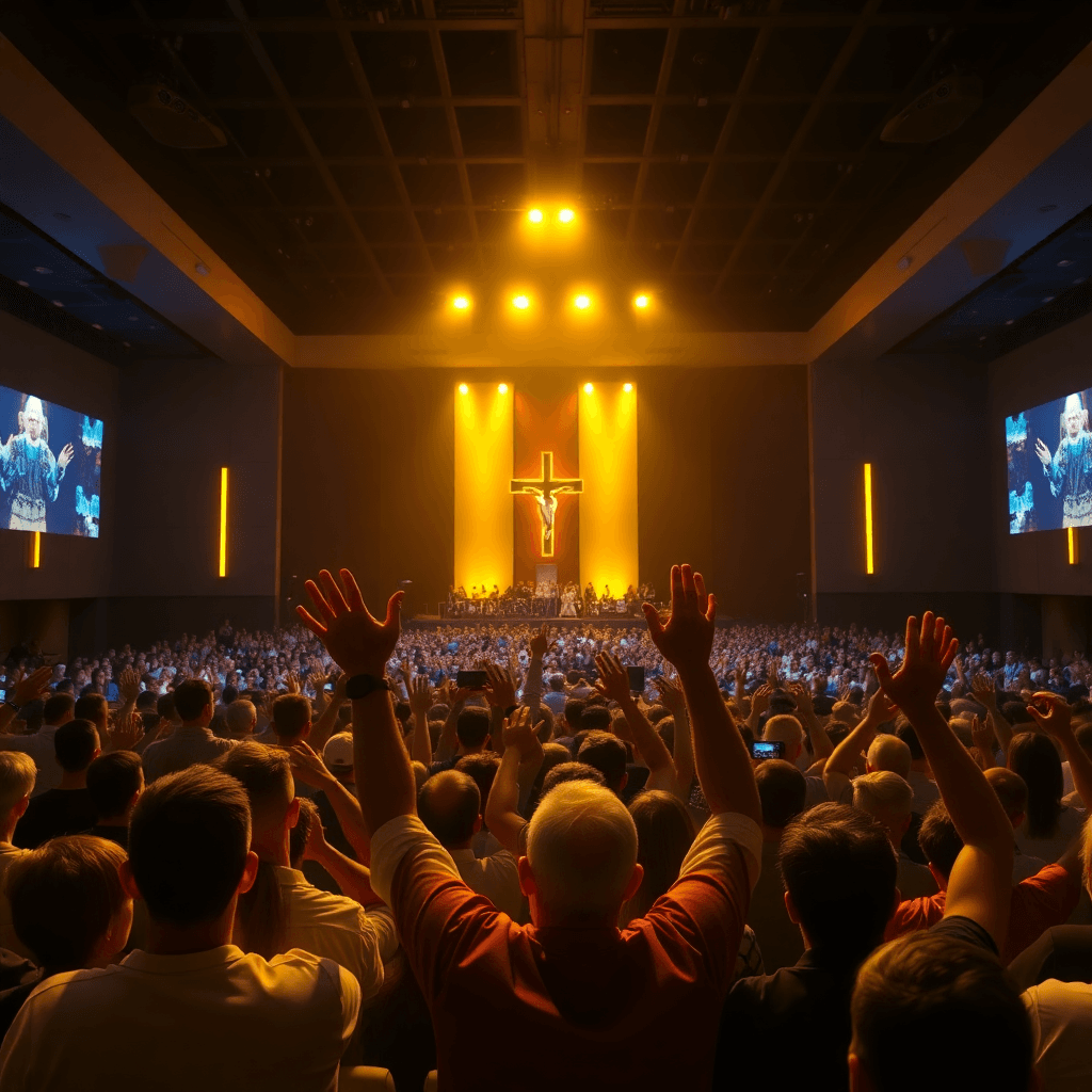 large crowd of people worshipping with hands raised in modern church auditorium with golden stage lighting and dramatic atmosphere